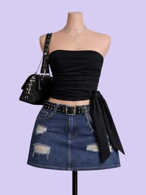 Express Black Ruched Tube Top Small Y2K Sweetheart Wrap Tie Party Stretch Glam